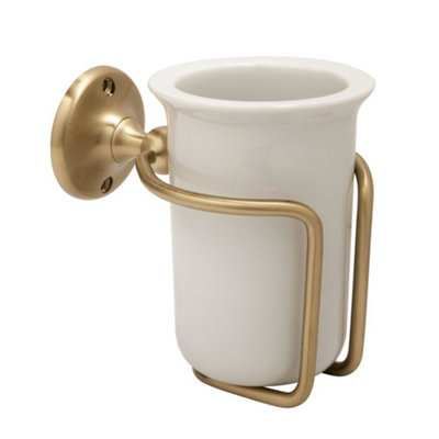 Homestylestore Wall Mounted Ceramic Toothbrush Tumbler And Brushed Brass Holder from B&Q