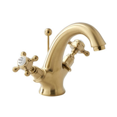Homestylestore Brushed Brass Mono Bathroom Basin Mixer Tap With Crosshead Handles from B&Q