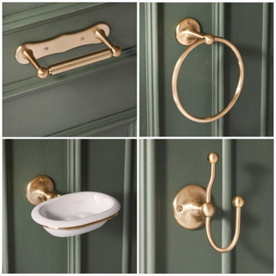 Homestylestore Brass Bathroom Accessory Set With Towel RingDouble Robe HookToilet Roll Holder And Towel Rail from B&Q