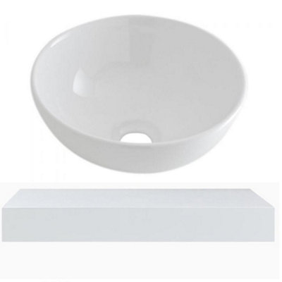 Homestylestore 600mm White Wall Mounted Bathroom Floating Shelf And Round Countertop Basin from B&Q