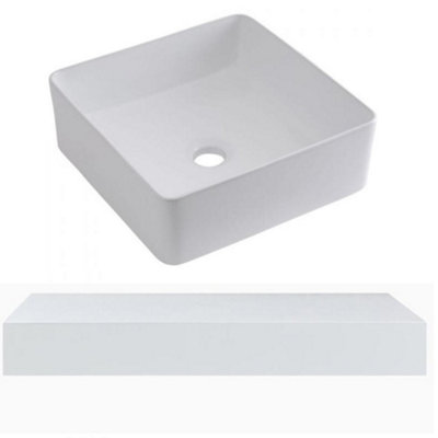 Homestylestore 600mm White Wall Mounted Bathroom Floating Shelf And Square Countertop Basin from B&Q