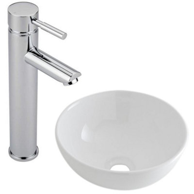 Homestylestore White Round Countertop Bathroom Basin Sink With High Rise Tap 280mm from B&Q