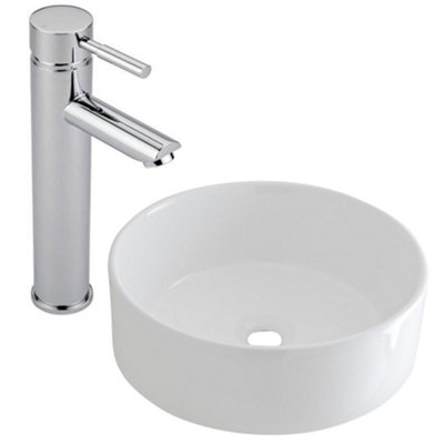 Homestylestore White Round Countertop Bathroom Basin Sink With High Rise Tap 400mm from B&Q