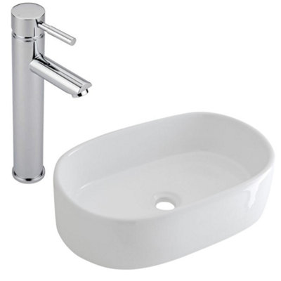 Homestylestore White Oval Countertop Bathroom Basin Sink With High Rise Tap 480 X 350mm from B&Q