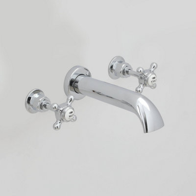 Homestylestore Chrome And White Wall Mounted 3 Tap Hole Bath Filler Tap With Crosshead Handles from B&Q