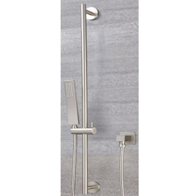 Homestylestore Brushed Nickel Riser Rail Kit With Square Hand Shower HoseAnd Outlet Elbow from B&Q