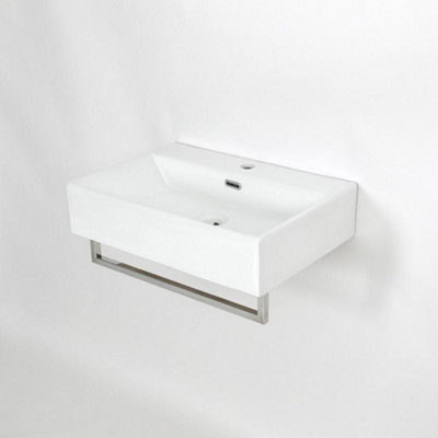 Homestylestore White Wall Hung Bathroom Basin Sink With Chrome Towel Rail 605 X 430mm from B&Q