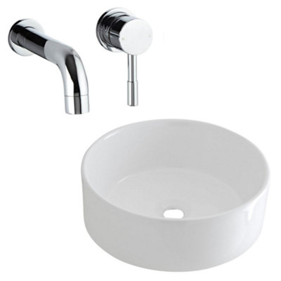Homestylestore White Round Countertop Bathroom Basin Sink With Wall Mounted Tap 400mm from B&Q