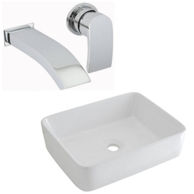 Homestylestore White Rectangular Countertop Bathroom Basin Sink With Wall Mounted Tap 480 X 370mm from B&Q