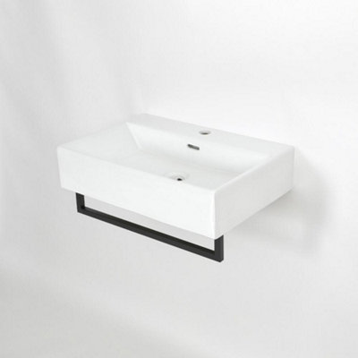 Homestylestore White Wall Hung Bathroom Basin Sink With Black Towel Rail 605 X 430mm from B&Q