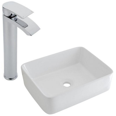 Homestylestore White Rectangular Countertop Bathroom Basin Sink With High Rise Tap 480 X 370mm from B&Q