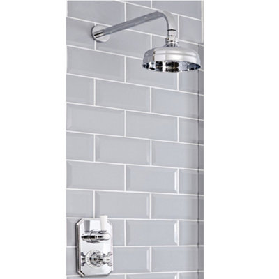 Homestylestore Chrome And White Thermostatic Mixer Valve With Round Fixed Shower Head And Wall Mounted Shower Arm from B&Q