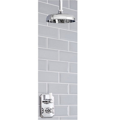 Homestylestore Chrome And White Thermostatic Mixer Valve With 155mm Round Fixed Shower Head And Ceiling Arm from B&Q