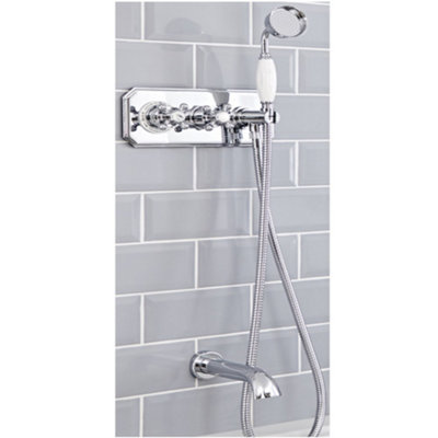 Homestylestore Chrome And White Diverter Thermostatic Mixer Valve With Hand Shower Kit And Wall Mounted Bath Spout from B&Q