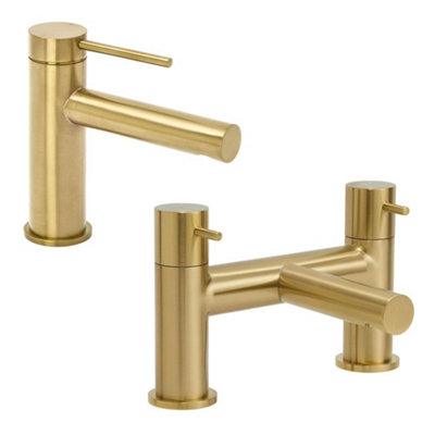 Homestylestore Brushed Brass Mono Bathroom Basin Mixer Tap And Bath Filler Tap from B&Q