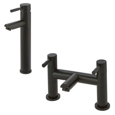 Homestylestore Black High Rise Mono Bathroom Basin Mixer Tap And Bath Filler Tap Set from B&Q