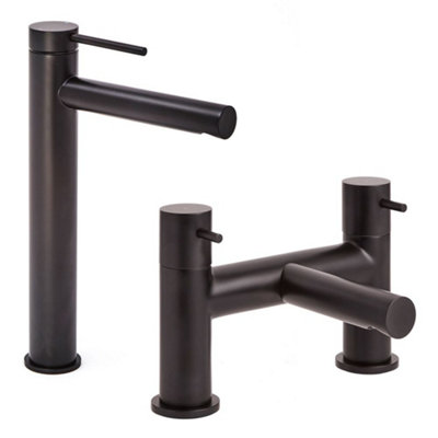 Homestylestore Black High Rise Mono Bathroom Basin Mixer Tap And Bath Filler Tap from B&Q