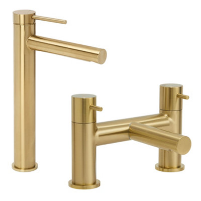 Homestylestore Brushed Brass High Rise Mono Bathroom Basin Mixer Tap And Bath Filler Tap from B&Q