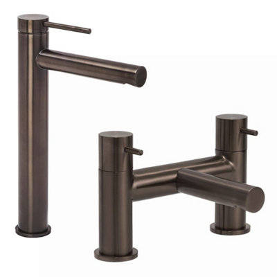 Homestylestore Black Nickel High Rise Mono Bathroom Basin Mixer Tap And Bath Filler Tap from B&Q