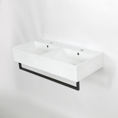 Homestylestore White Wall Hung Bathroom Basin Sink With Black Towel Rail 820 X 420mm from B&Q