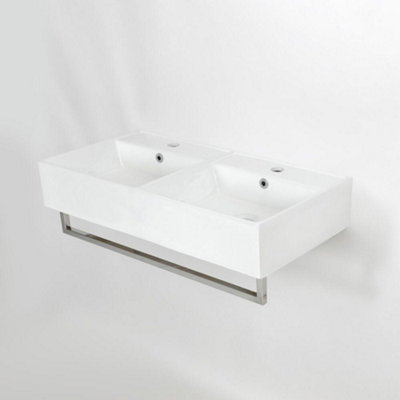 Homestylestore White Wall Hung Bathroom Basin Sink With Chrome Towel Rail 820 X 420mm from B&Q