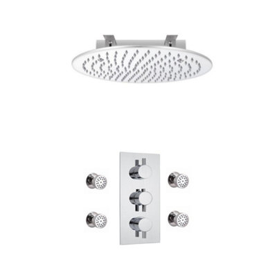 Homestylestore Chrome Thermostatic Mixer Valve With 400mm Round Recessed Shower Head And Body Jets from B&Q