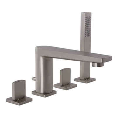 Homestylestore Brushed Nickel Four Tap Hole Bath Shower Mixer Tap With Hand Shower Handset from B&Q