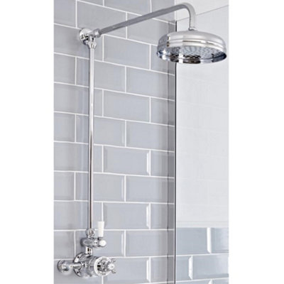 Homestylestore Chrome And White Grand Rigid Riser With Exposed Thermostatic Mixer Valve And Round Shower Head from B&Q