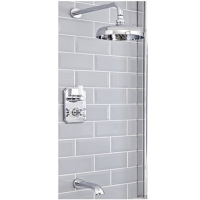 Homestylestore Chrome And White Thermostatic Mixer Valve With 205mm Round Shower Head And Wall Mounted Bath Spout from B&Q
