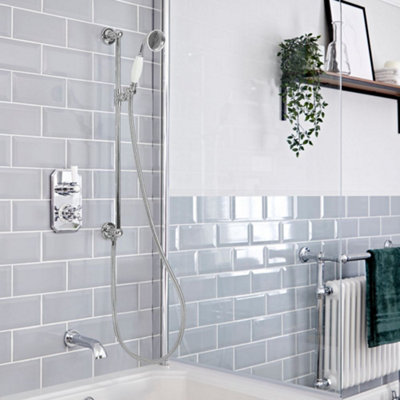 Homestylestore Chrome And White Diverter Thermostatic Mixer Shower Valve With Riser Rail Kit And Wall Mounted Bath Spout from B&Q