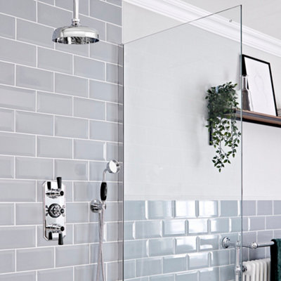 Homestylestore Chrome And Black Thermostatic Mixer Valve With Hand Shower And 205mm Round Shower Head from B&Q