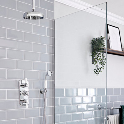 Homestylestore Chrome And White Thermostatic Mixer Valve With Hand Shower And 205mm Round Shower Head from B&Q