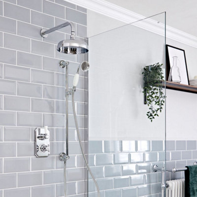 Homestylestore Chrome And White Thermostatic Mixer Valve With Round Shower Head And Riser Rail Kit from B&Q