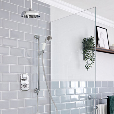 Homestylestore Chrome And White Thermostatic Mixer Valve With Riser Rail Kit And 205mm Round Shower Head from B&Q