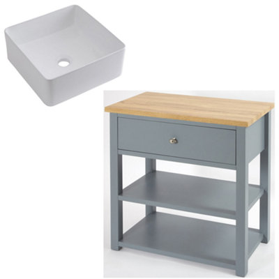 Homestylestore 840mm Light Grey And Oak Bathroom Vanity Unit With Square Countertop Basin And Chrome Round Handle