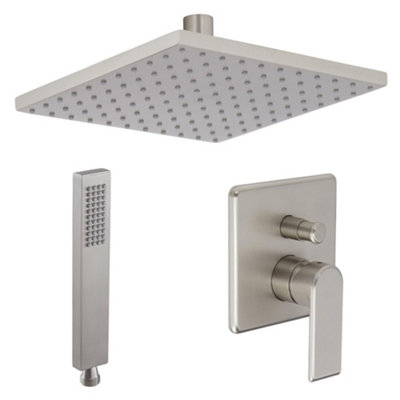 Homestylestore Brushed Nickel Manual Diverter Mixer Valve With 200mm Square Wall Mounted Shower Head And Hand Shower Kit from B&Q