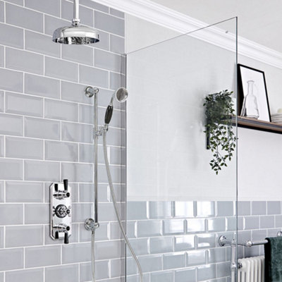 Homestylestore Chrome And Black Thermostatic Mixer Valve With Ceiling Mounted 205mm Round Shower Head And Riser Rail Kit from B&Q