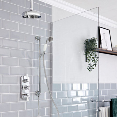 Homestylestore Chrome And White Thermostatic Mixer Valve With Ceiling Mounted 205mm Round Shower Head And Riser Rail Kit from B&Q