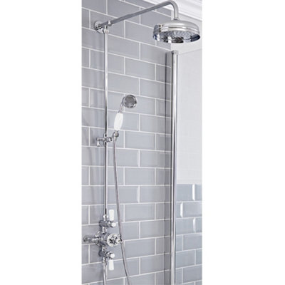 Homestylestore Chrome And White Rigid Riser Exposed Thermostatic Mixer ValveRound Shower Head And Hand Shower from B&Q