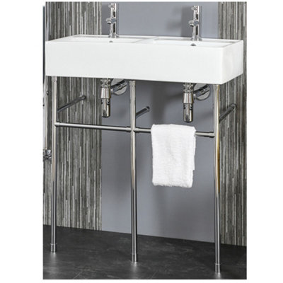Homestylestore White Bathroom Basin Sink With Chrome Washstand 820 X 420mm from B&Q