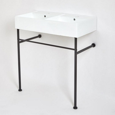 Homestylestore White Double Bathroom Basin Sink With Black Washstand 820 X 420mm from B&Q