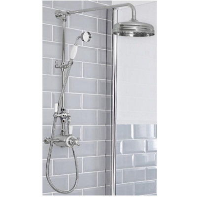 Homestylestore Chrome And White Rigid Riser With Dual Exposed Thermostatic Mixer ValveShower Head And Hand Shower from B&Q