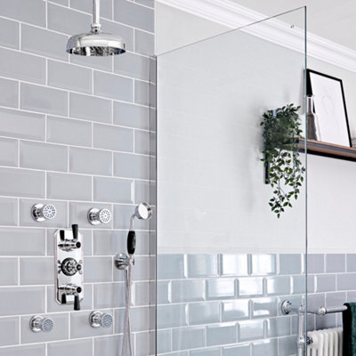 Homestylestore Chrome And Black Thermostatic Mixer Valve With 205mm Round Shower HeadBody Jets And Hand Shower from B&Q