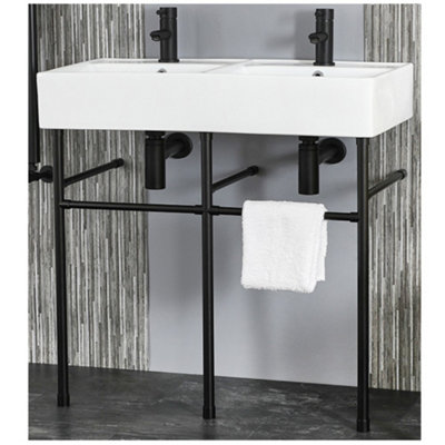 Homestylestore White Bathroom Basin Sink With Black Washstand 820 X 420mm from B&Q