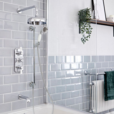 Homestylestore Chrome And White Thermostatic Mixer Valve With Round Shower HeadRiser Rail Kit And Bath Spout from B&Q