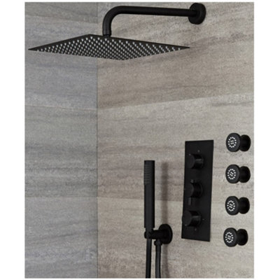 Homestylestore Black Thermostatic Mixer Valve With Wall Mounted 300mm Square Shower HeadHand Shower Kit And Body Jets from B&Q