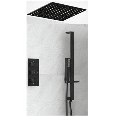 Homestylestore Black Thermostatic Mixer Valve With 400mm Square Recessed Shower Head And Riser Rail Kit from B&Q