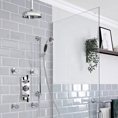 Homestylestore Chrome And Black Thermostatic Mixer Valve With 205mm Round Shower HeadBody Jets And Riser Rail Kit from B&Q