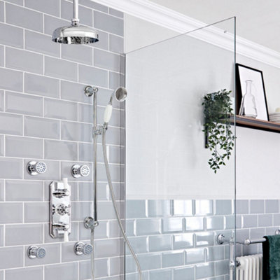 Homestylestore Chrome And White Thermostatic Mixer Valve With 205mm Round Shower HeadBody Jets And Riser Rail Kit from B&Q