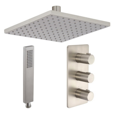 Homestylestore Brushed Nickel Thermostatic Mixer Valve With 200mm Wall Mounted Square Shower Head And Hand Shower Kit from B&Q